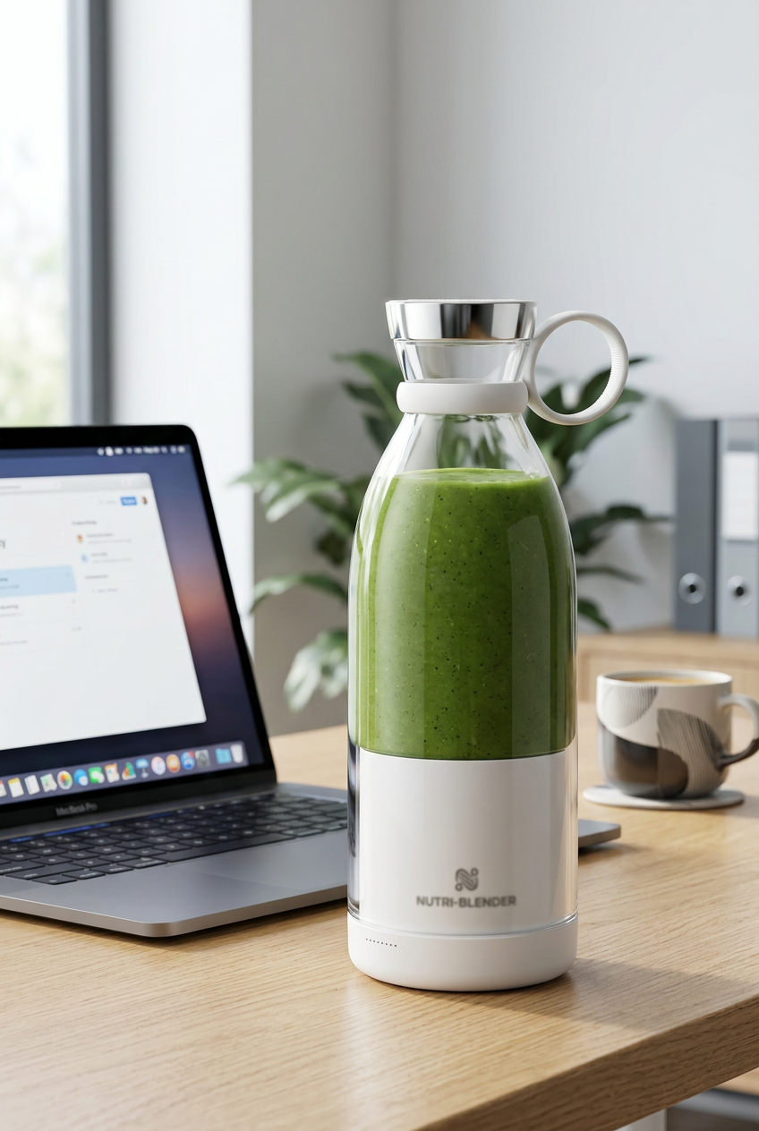 Mixeur Nutri-Blender blanc rempli d'un smoothie vert sur un bureau avec un ordinateur.