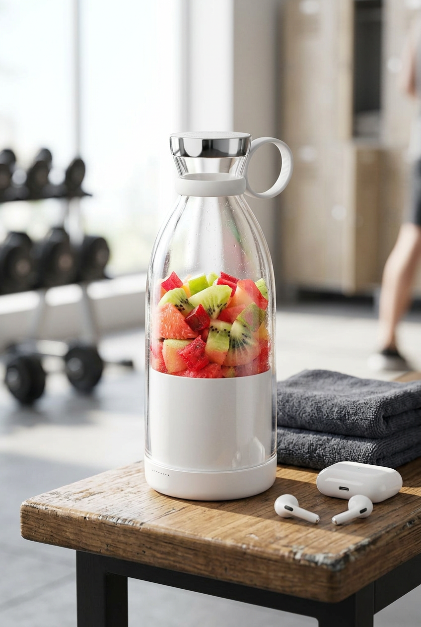 Mixeur portable avec morceaux de fruits frais sur une table en bois dans une salle de sport