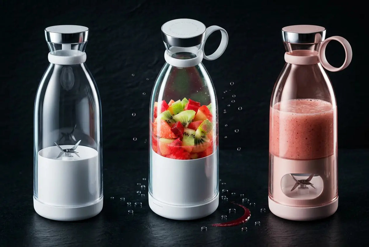 Trois mixeurs portables SOUTH AREA contenant des fruits et des smoothies.