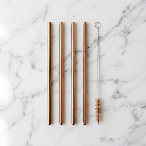 Set de pailles inox réutilisables rose gold avec brosse de nettoyage