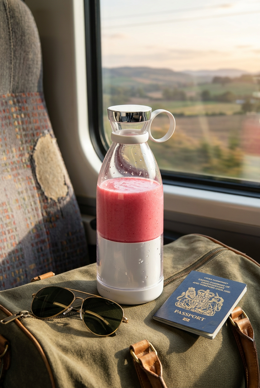 Un smoothie rose dans une carafe de mixeur portable posée sur un sac de voyage avec un passeport.