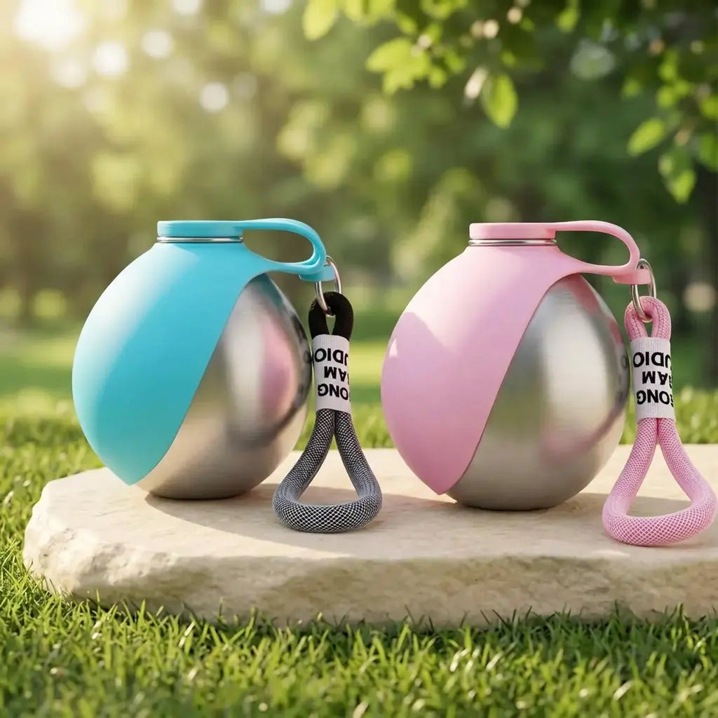 Mise en scène IA des gourdes pour chien bleu et rose avec réservoir inox et dragonne dans un parc